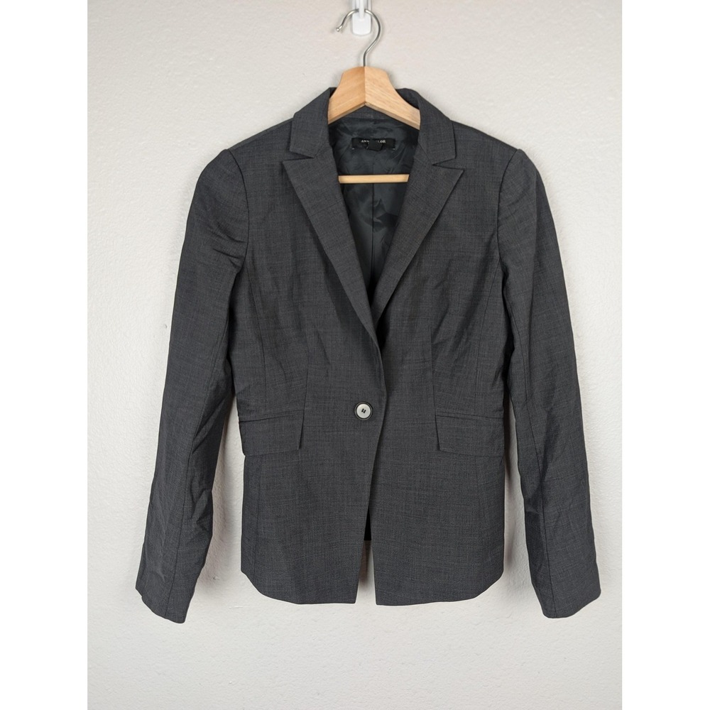 Ann Taylor Blazer Womens 2P Gray Wool‎ Blend One Button Petite Lined Stretch